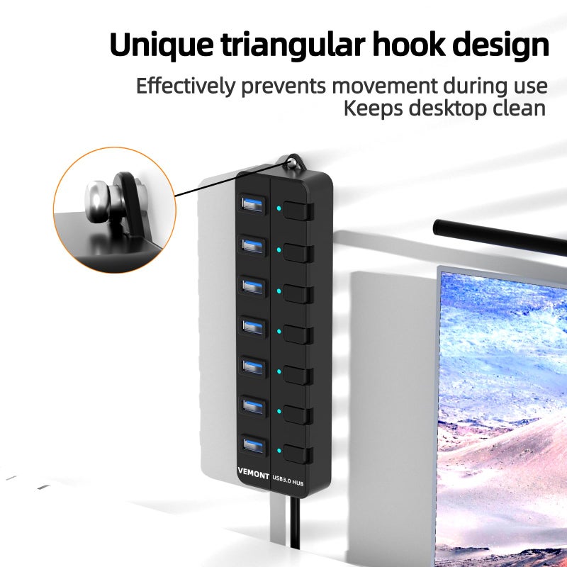 Vemont USB hub,7 Port USB 3.0 Hub,VEMONT USB Splitter with Individual On/Off Switches and Lights, 4ft/1.2m USB HUB Long Cable, USB Extension for Laptop and PC Computer - Image 5